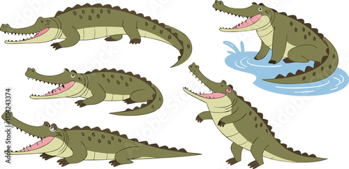 A collection of illustrations featuring various poses of crocodiles. The crocodiles are primarily rendered in shades of green and brown, with detailed scales and open mouths revealing pink interiors. 