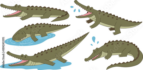 A collection of illustrations featuring various poses of crocodiles. The crocodiles are primarily rendered in shades of green and brown, with detailed scales and open mouths revealing pink interiors. 