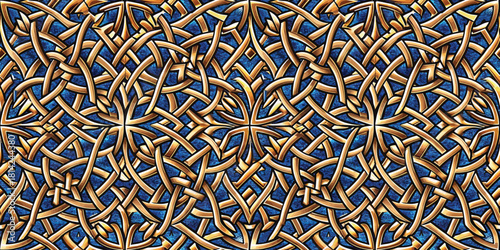 Intricate woven pattern featuring gold and blue tones, creating a captivating visual texture.