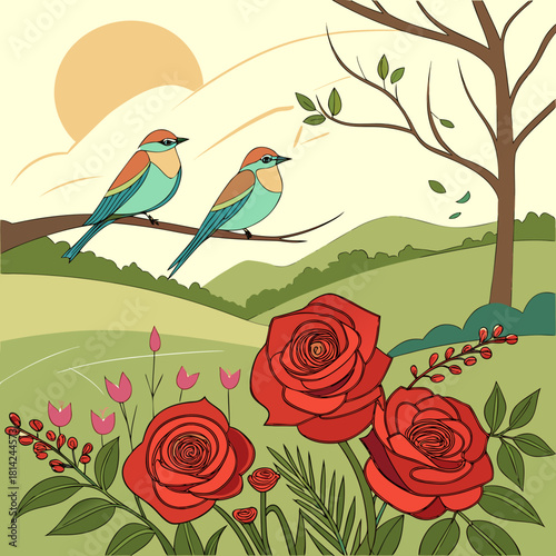 Delightful birds perched on a branch amidst a serene meadow with vibrant red roses, evoking tranquility and natural beauty, perfect for springtime designs