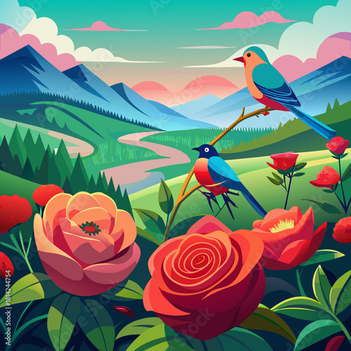 Enchanting spring landscape with vibrant flowers, serene mountains, and colorful birds enjoying the harmonious nature in a peaceful, idyllic setting