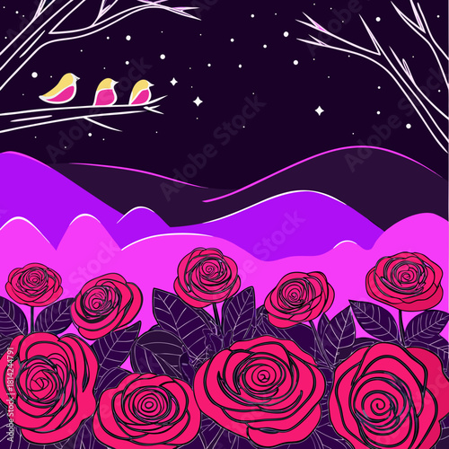 Whimsical night scene featuring pink roses, birds on a branch under a starry sky, a dreamy design for invitations, greetings, and artistic projects