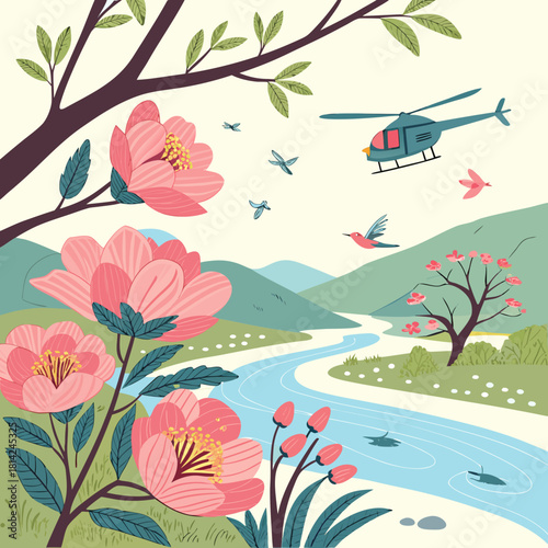 Tranquil riverside scenery with blooming flowers, soaring birds, and a helicopter in a vibrant, whimsical style, perfect for a joyful, uplifting design