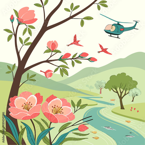 Whimsical nature escape with pink blossoms, playful birds, and a soaring helicopter, perfect for children's illustrations and storybook designs