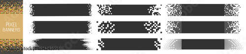 Abstract pixel banner set, monochrome rectangle backgrounds, modern digital design templates on transparent background