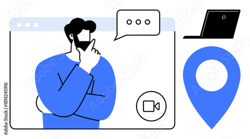 Professional engaging in video call framed by chat bubble and geolocation pin. Laptop symbolizes remote work. Ideal for communication, teamwork, collaboration, telework, technology, networking