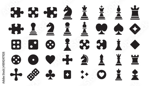 Chess puzzles dice and card symbols silhouette bundle