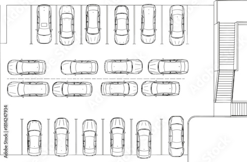 Parking lot layout illustration, top-down architectural drawing, 24 vehicle spaces, angled and perpendicular parking, staircase access, urban planning vector blueprint, flavector