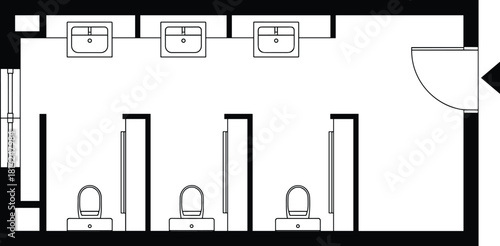 Public restroom floor plan, three toilet stalls, sink layout, entrance door, architectural drawing, facility design, spatial planning, flat vector blueprint, flavector