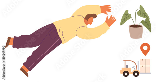 Person in motion reaching forward, with a forklift moving boxes, a plant in a pot, and a location marker. Ideal for relocation, logistics, teamwork, goal setting, aspiration growth and minimalism