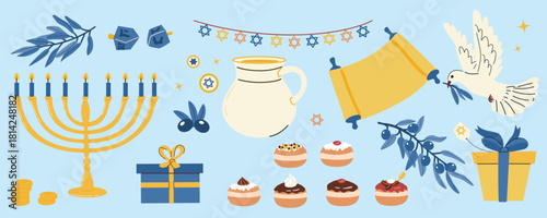 Hanukkah vector icons set. Celebration symbols of jewish holiday. Menorah, dreidel, donuts, star of David and other decorations. Hanukkah elements set, flat vector illustration. Chanukah cliparts.
