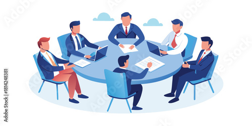 Group of male business professionals engaged in serious discussion at circular conference table brainstorming ideas and reviewing documents during a meeting