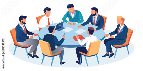Group of businesspeople engaged in a productive round table discussion analyzing corporate documents and planning future business strategies in a professional setting