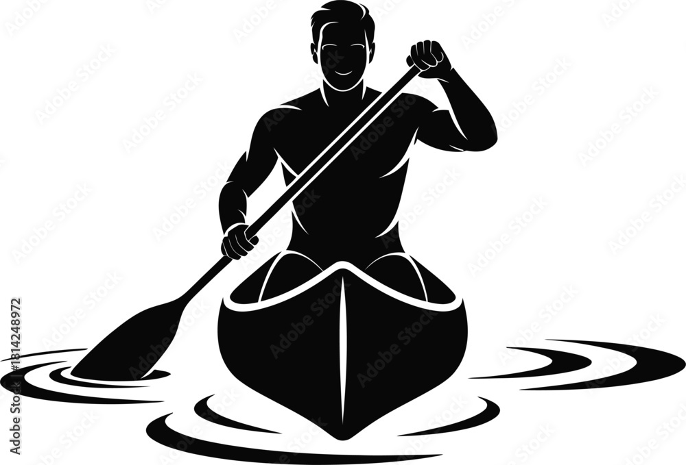 Fototapeta premium Kayaking Man Silhouette – Canoe Paddling Vector Illustration