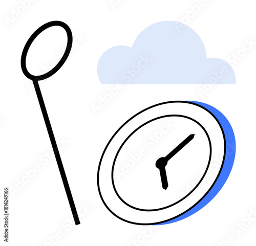 Magnifying glass examining a clock face, symbolizing time management, focus, and exploration. Ideal for productivity, deadlines, analysis, strategy innovation research. Simple flat metaphor