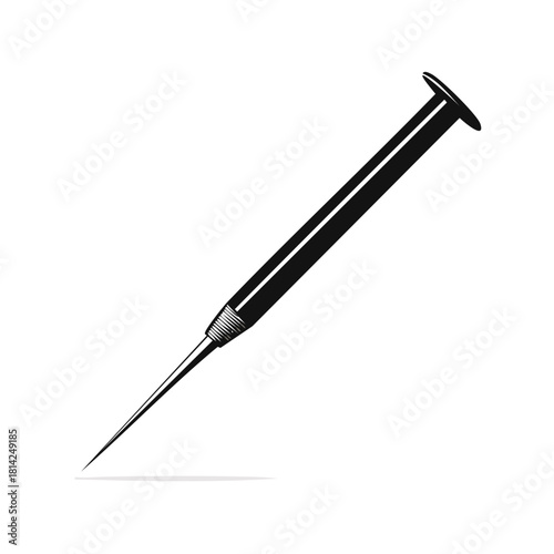 Stylized black syringe with sharp needle angled diagonally
