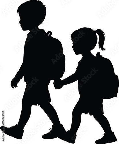 Kids Walking Silhouette – School Children with Backpacks Vector Illustration