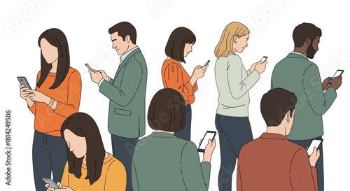 People using smartphones An illustration of a diverse group engrossed in their mobile devices