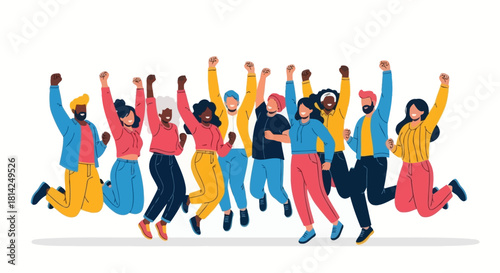 A diverse group of happy young people jumping for joy and celebrating success together as a team in unity