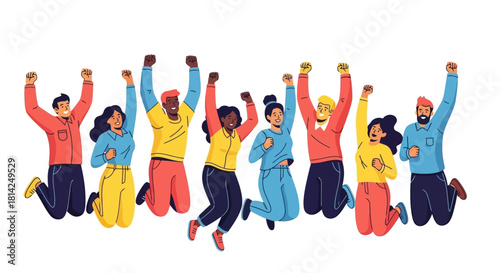 A Diverse Group of People Jumping Joyfully in Celebration, Expressing Excitement and Unity