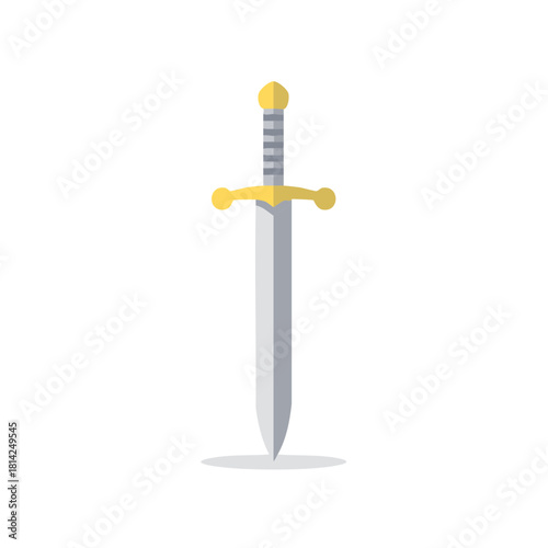 Flat design illustration of a medieval sword with golden hilt and silver blade standing upright
