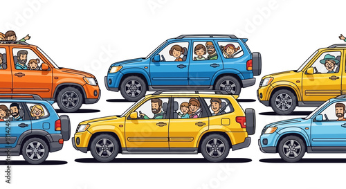 Illustration of happy families and friends on a road trip adventure in colorful cars, a concept of journey and togetherness