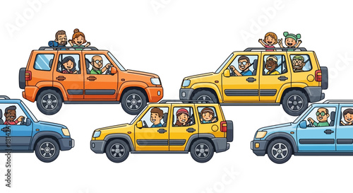 Collection of illustrations showing a modern family's daily life, with parents and a child bonding over technology and household activities