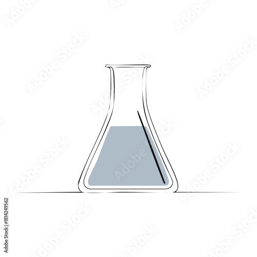 Minimalist scientific illustration of a conical flask filled with grey liquid, clean lines