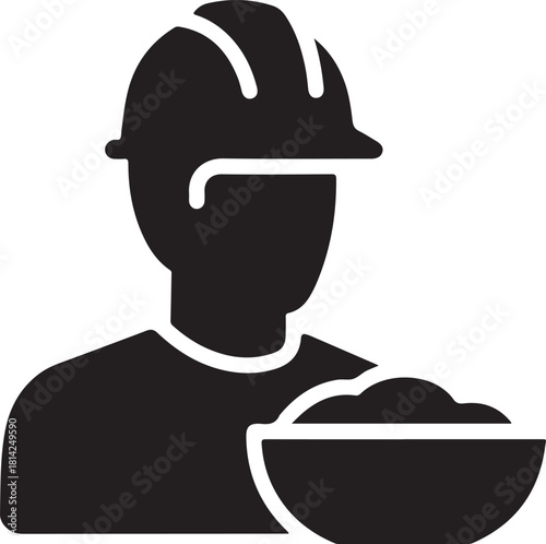 Construction worker holding bowl of material wearing hard hat icon