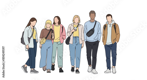 Diverse Group of Young Adults Walking Together, Unity and Inclusion, Contemporary Illustration