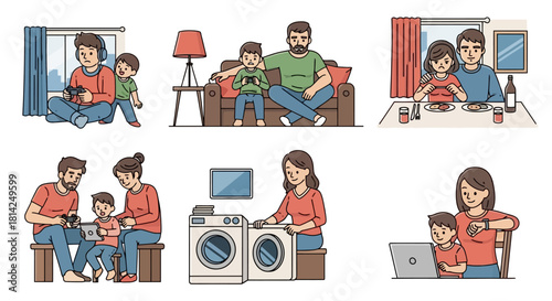 Illustrations of a modern family's daily life at home, showcasing various domestic activities and interactions with digital technology