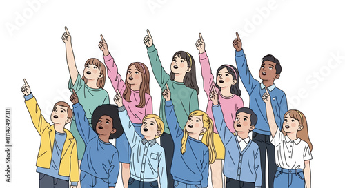 Diverse Group of Children Pointing Upwards with Excitement and Curiosity in a Vector Illustration