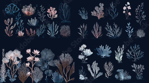 A delicate botanical illustration set featuring sea plants, corals, and floral elements in muted tones on a dark background. Perfect for elegant ocean themes and nature artwork.