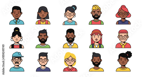 Diverse group of avatar portraits featuring people with various skin tones, genders, and hairstyles