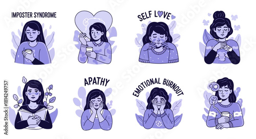 A set of purple-themed illustrations showcasing a young woman's emotional states, including mental exhaustion, apathy, self-care, and self-love concepts