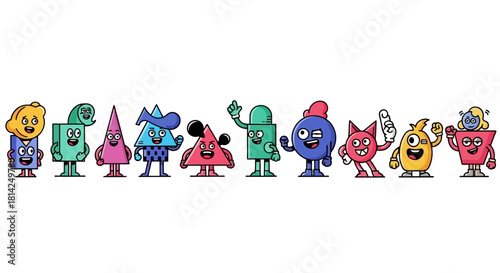 Cute and Colorful Geometric Cartoon Characters Waving and Smiling
