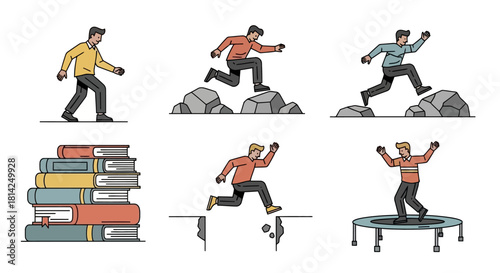 Overcoming Challenges Man Leaping Obstacles, Books, Trampoline