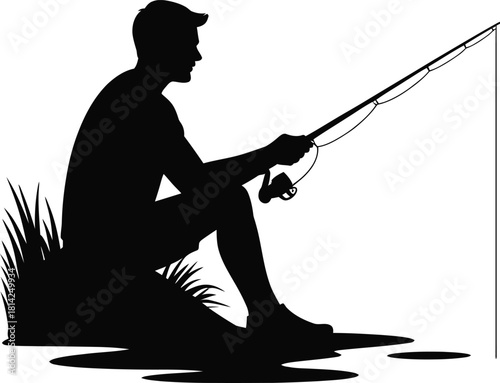 Man Fishing Silhouette – Relaxed Fisher Sitting by the River Vector Illustration