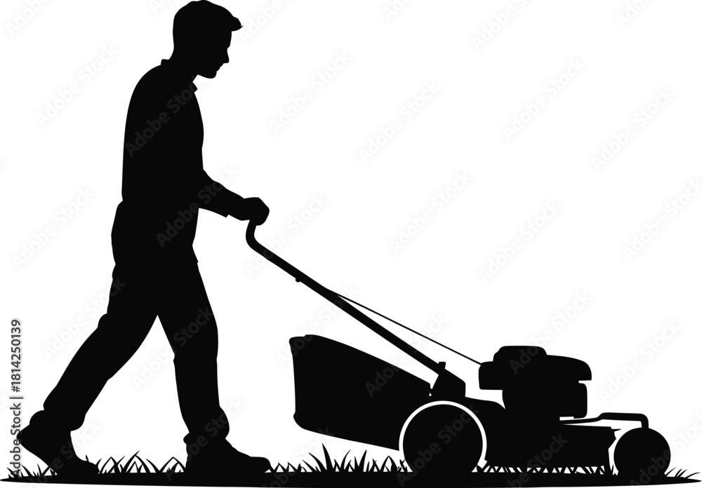 Obraz premium Man Mowing Lawn Silhouette – Lawn Care and Gardening Vector Illustration