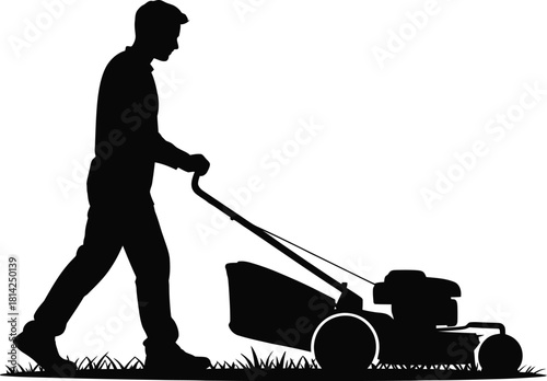 Man Mowing Lawn Silhouette – Lawn Care and Gardening Vector Illustration