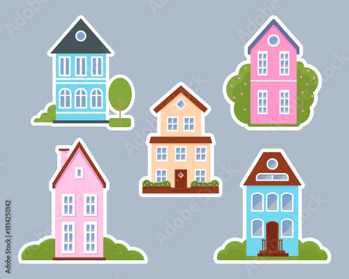 Houses of the suburbs residential area, low-rise buildings. Set of colorful stickers. Vector illustration, house icon, village, city element. Cute houses in flat style.