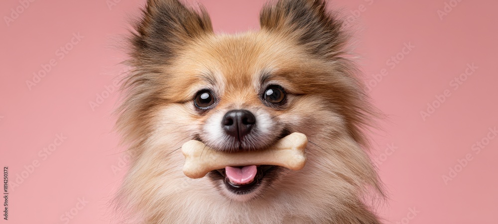 Obraz premium The Dog Holding a Bone Grinning in a Pink Studio Portrait Closeup