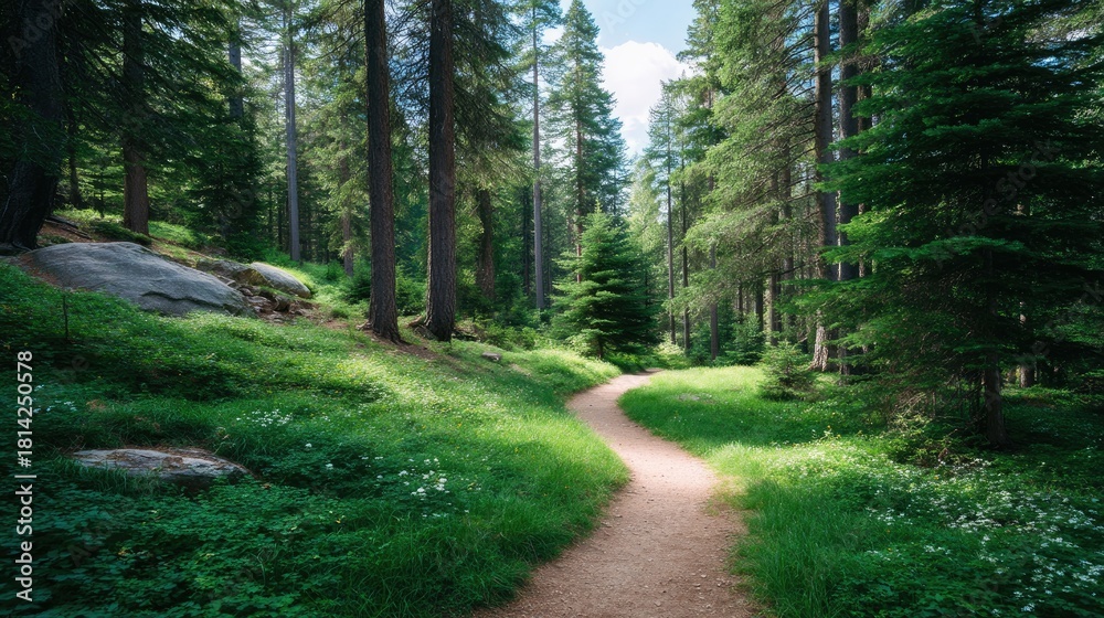 Fototapeta premium Serene Forest Pathway Surrounded by Tall Trees, Vibrant Green Grass, and Soft Sunlight Filtering Through Leaves in a Peaceful Wilderness Scene