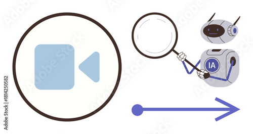 Video icon next to an AI robot holding a magnifying glass and an arrow, symbolizing analysis or processing. Ideal for AI, technology, data processing, video analysis, automation, innovation, future