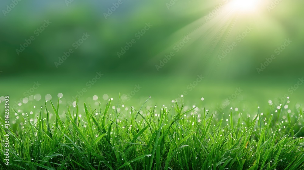Obraz premium Fresh Green Grass with Dew Drops in Soft Morning Light Creating a Serene Nature Background with Gentle Sun Rays and Vivid Colors