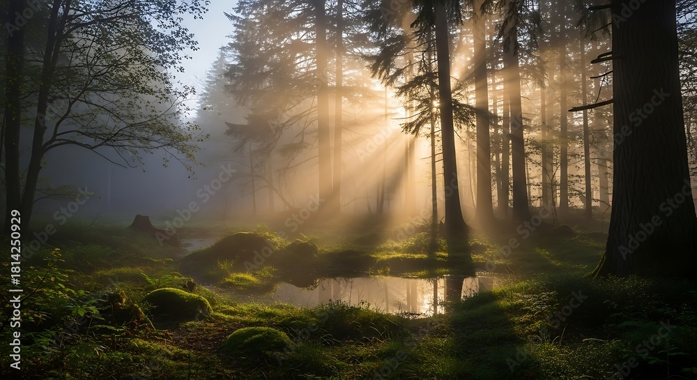 Fototapeta premium Sunlight beams through misty forest trees