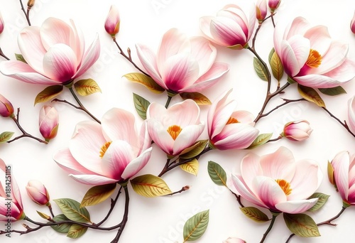 Elegant magnolia blossom repeat pattern on white background, summer, delicate