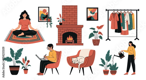 Cozy Indoor Activities Yoga, Reading, and Plant Care in a Home Setting