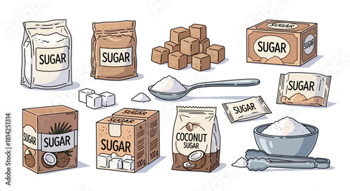 Collection of Sugar Types in Various Forms and Packaging