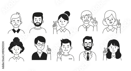 Diverse People Celebrating with Peace Signs Line Art Illustration